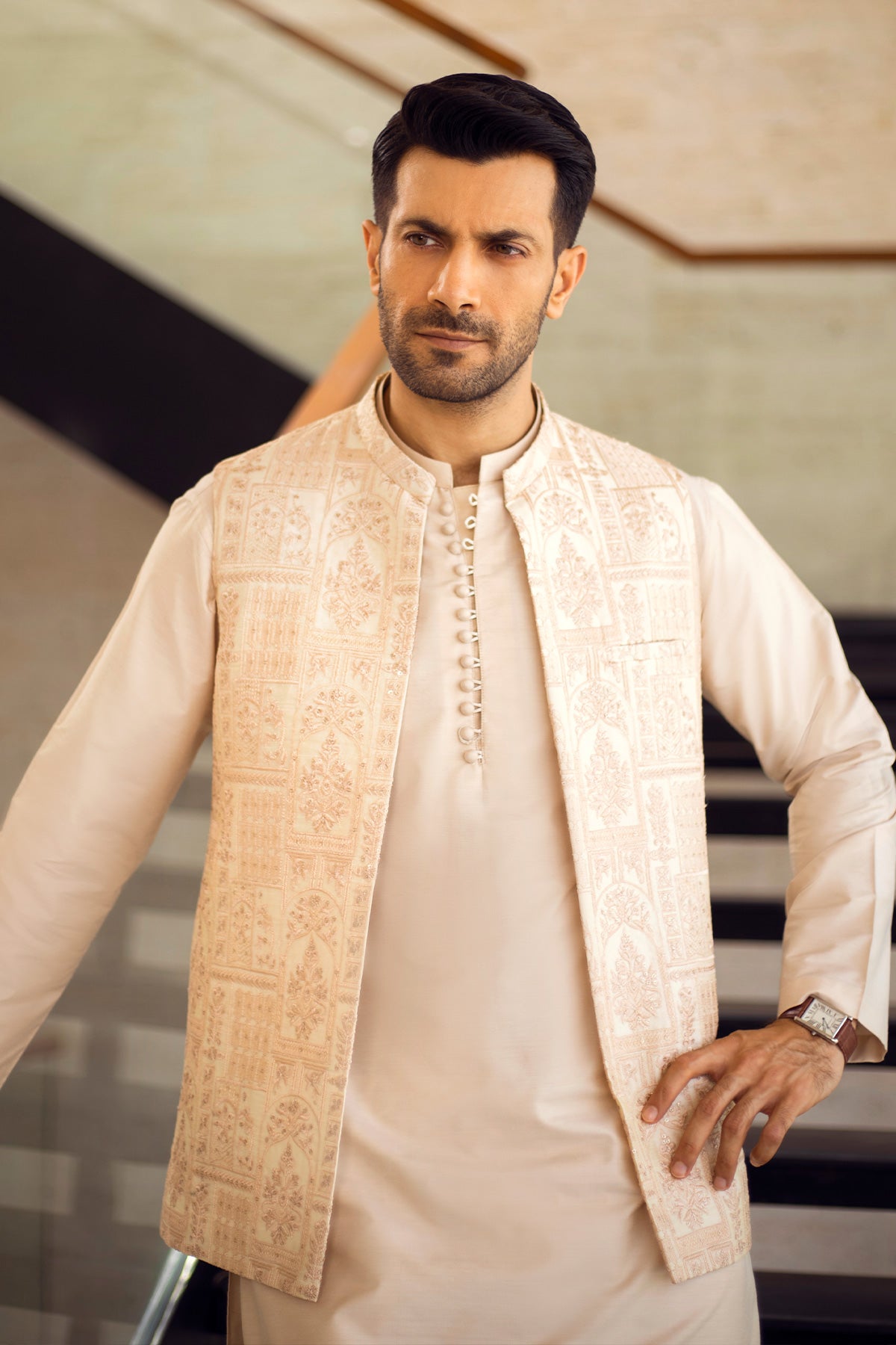 Embroidered Kurta Set with Waistcoat