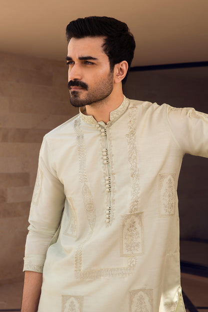 Mint Mughal Motif Embroidered Kurta Pajama