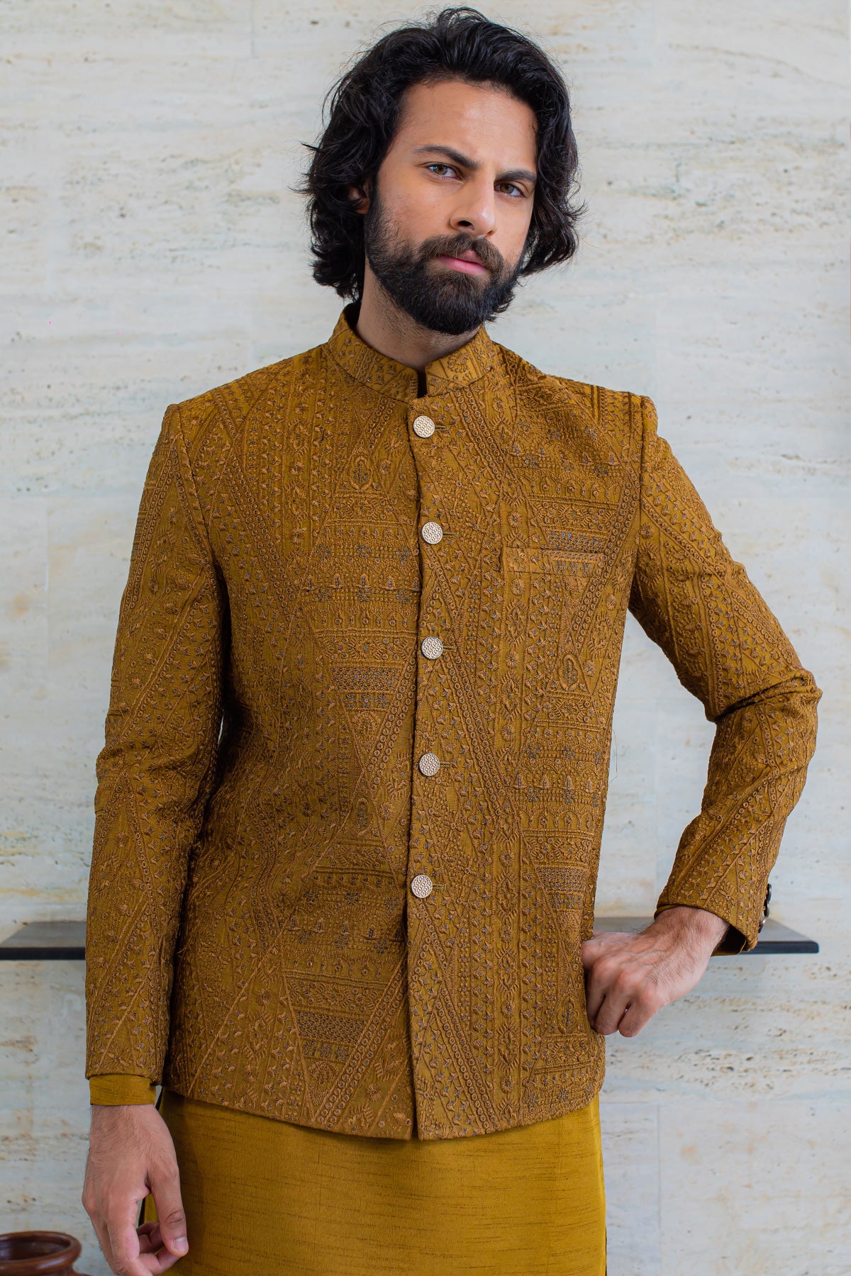 Embroidered Mustard Sherwani Set