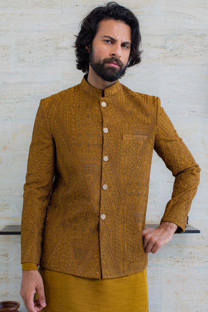 Embroidered Mustard Sherwani Set