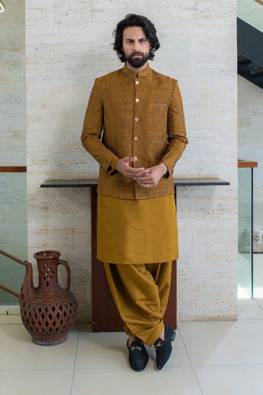 Embroidered Mustard Sherwani Set