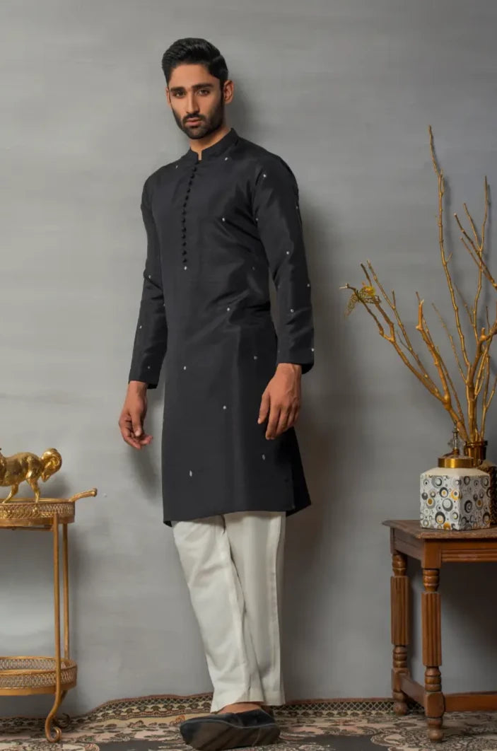 Doted Black Designer Kurta pajama