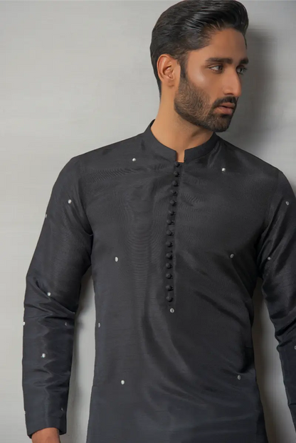 Doted Black Designer Kurta pajama