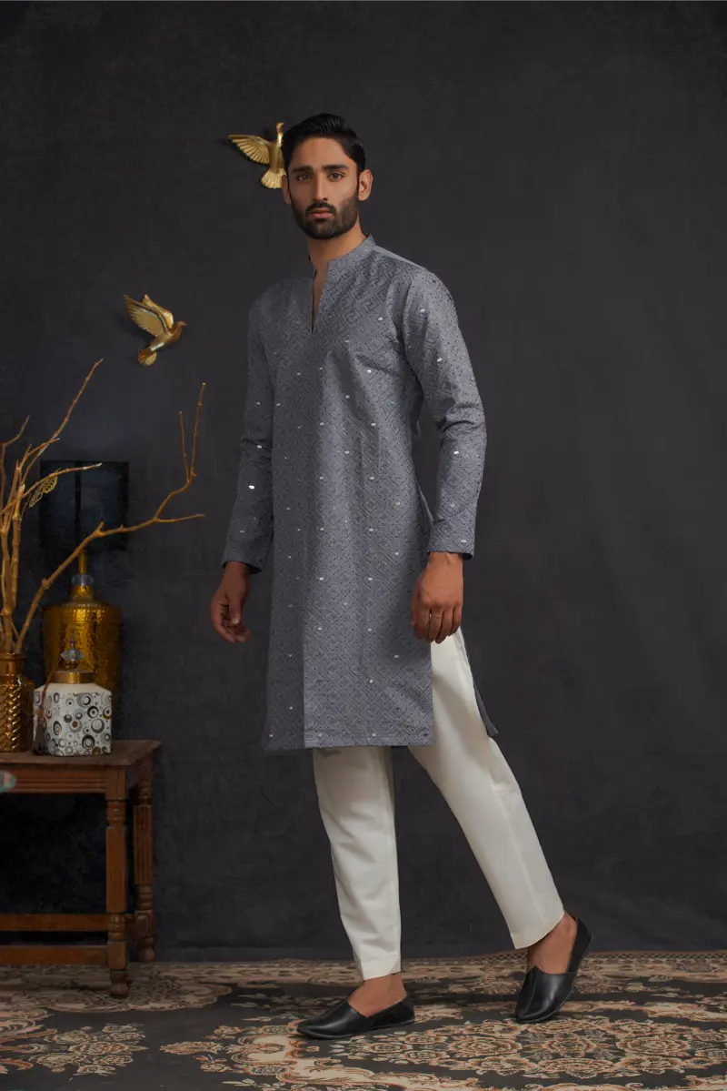 Grey Mirror Sequins Kurta Pajama 2