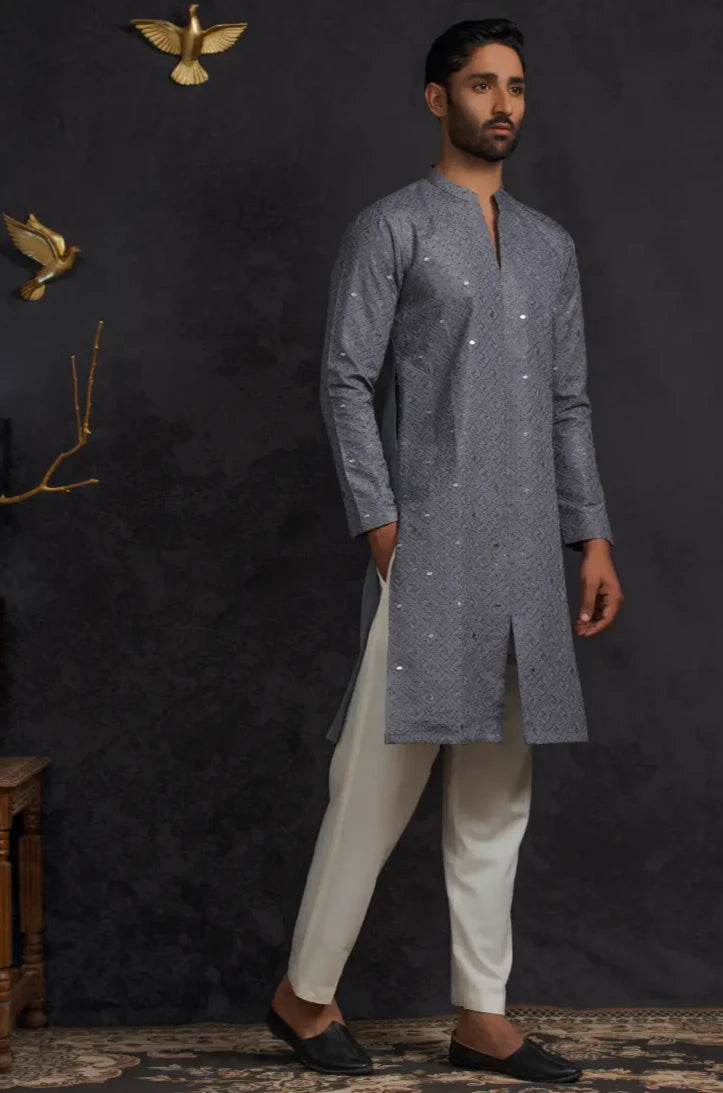 Grey Mirror Sequins Kurta Pajama 2