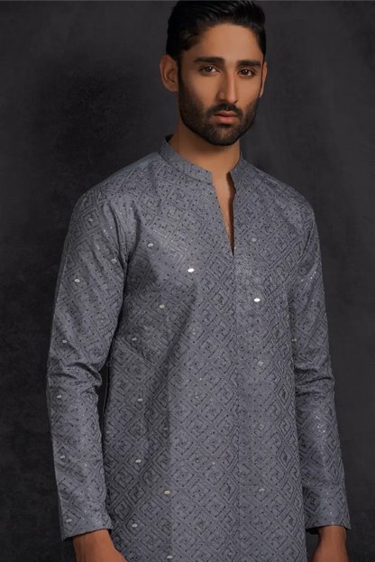 Grey Mirror Sequins Kurta Pajama 2