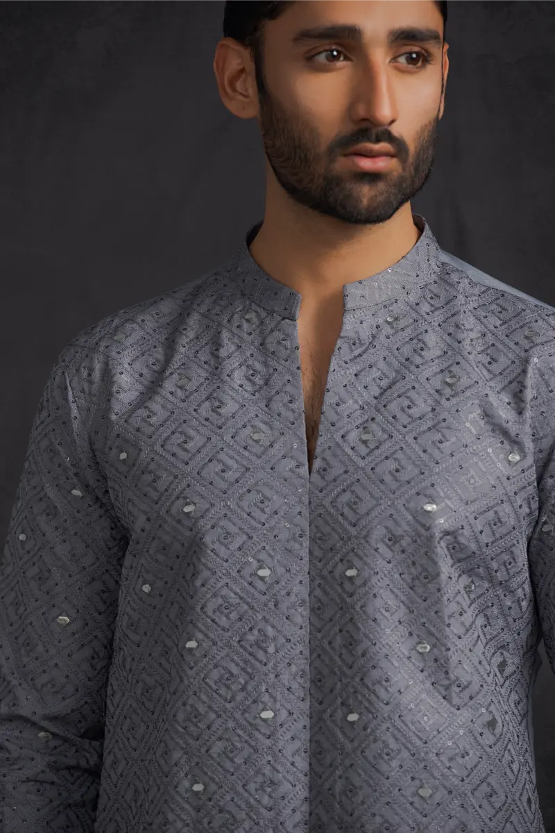 Grey Mirror Sequins Kurta Pajama 2