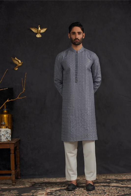 Grey Loops Button  Kurta Pajama 2