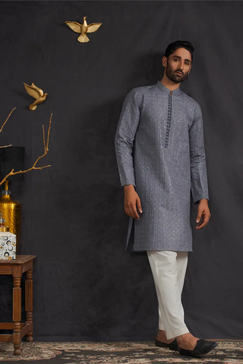 Grey Loops Button  Kurta Pajama 2