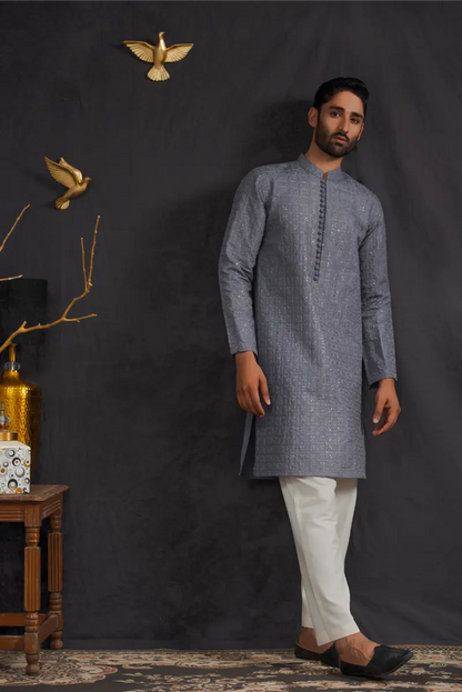 Grey Loops Button  Kurta Pajama 2