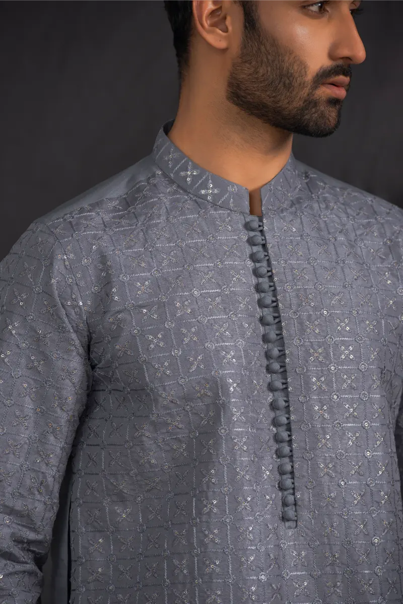 Grey Loops Button  Kurta Pajama 2