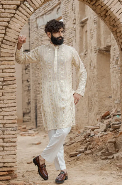 Pearl White Embroidered Kurta pajama