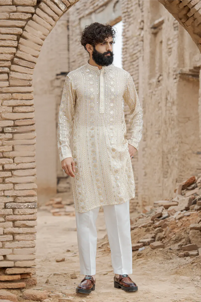 Pearl White Embroidered Kurta pajama