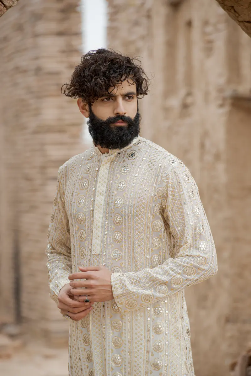 Pearl White Embroidered Kurta pajama