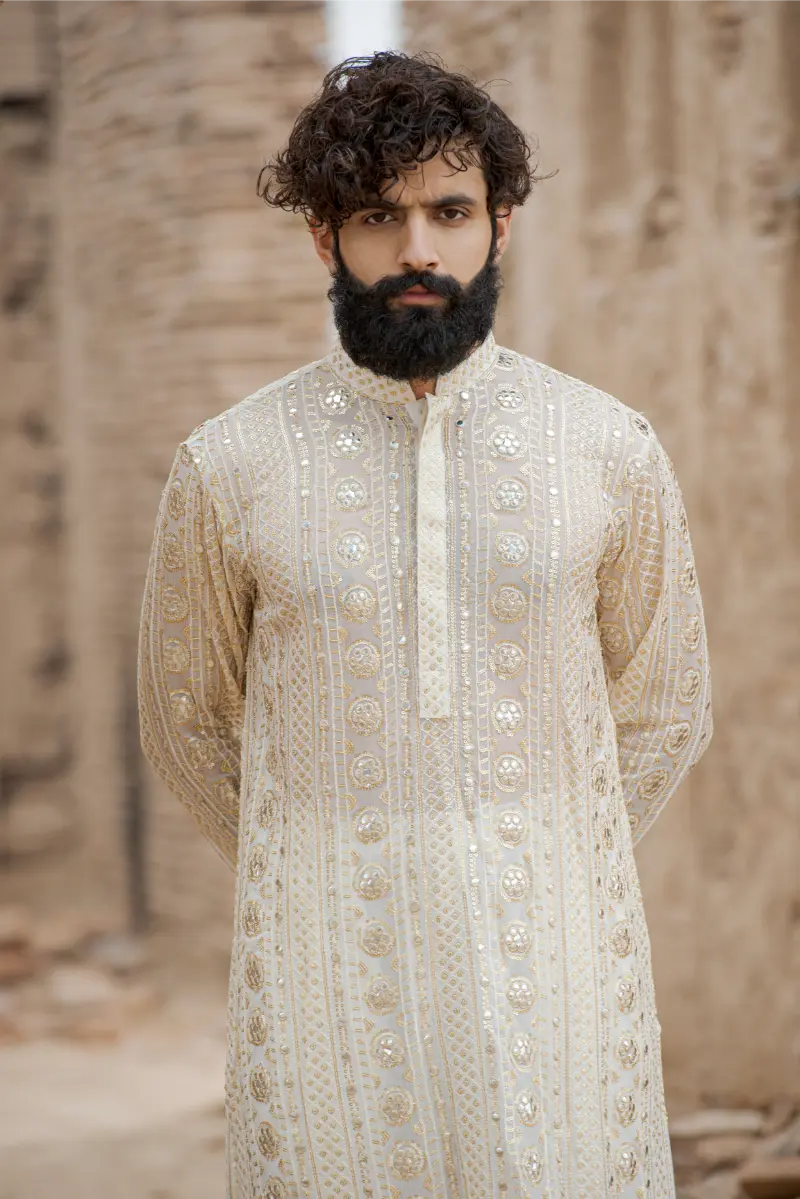 Pearl White Embroidered Kurta pajama