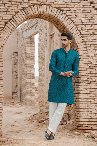 Peacock Blue  Embroidered Sequins Kurta Pajama