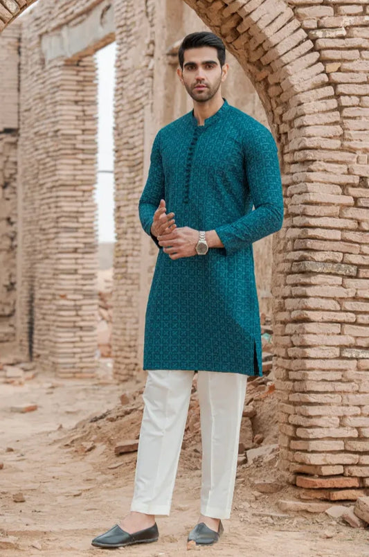 Peacock Blue  Embroidered Sequins Kurta Pajama