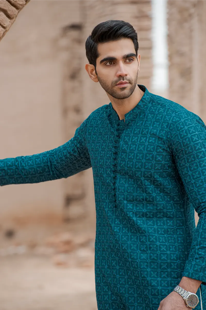 Peacock Blue  Embroidered Sequins Kurta Pajama