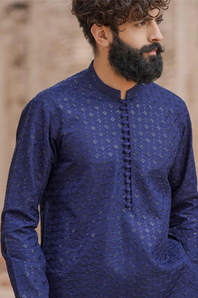 Navy Blue Designer Sequins Kurta Pajama