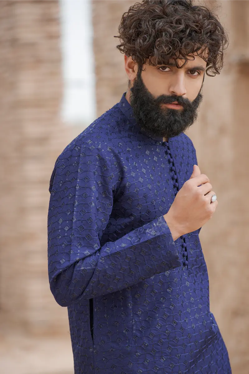 Navy Blue Designer Sequins Kurta Pajama