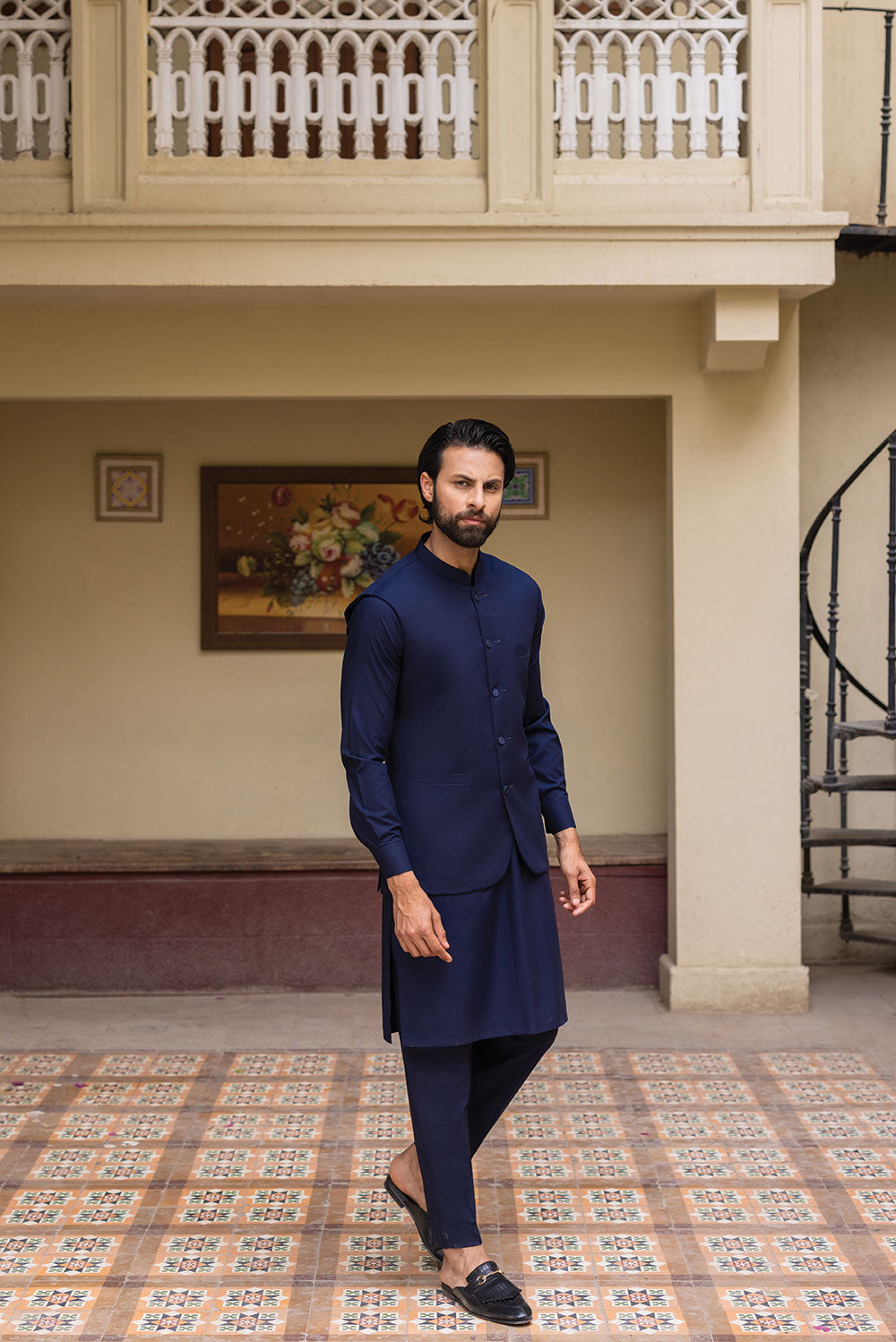 Navy Blue Waistcoat with Kurta Pajama