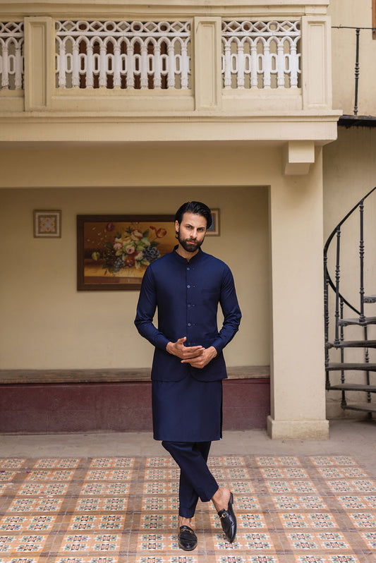 Navy Blue Waistcoat with Kurta Pajama